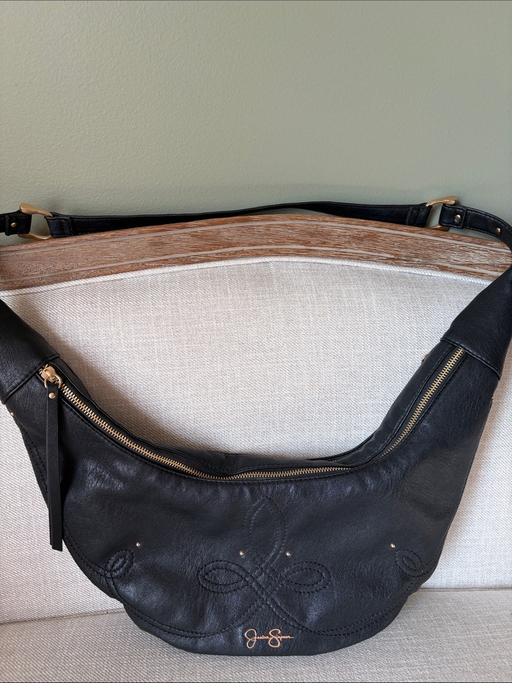 Jessica Simpson Black Leather Sling Hobo Bag with Western Stitching